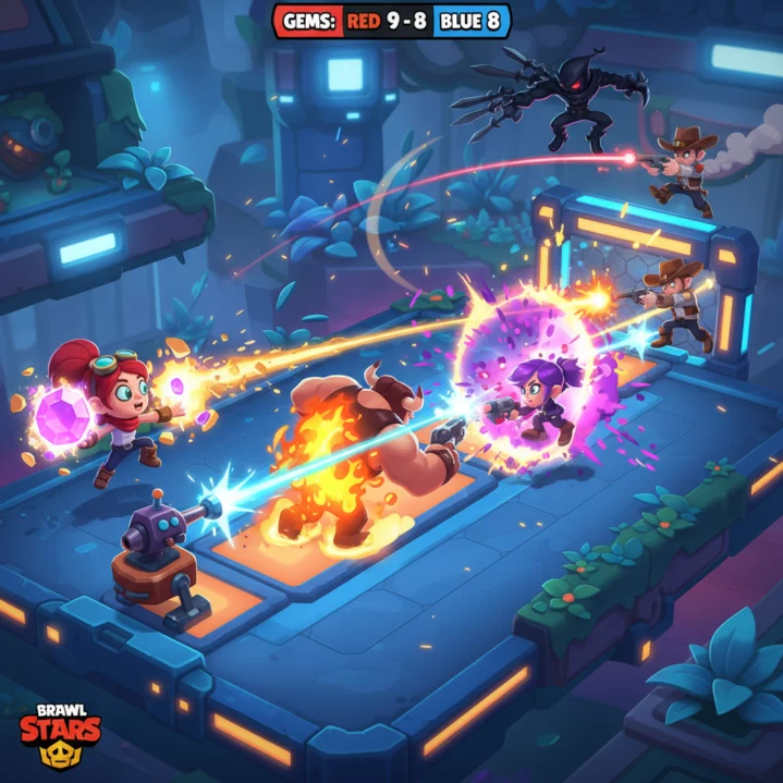 Combat 3v3 tactique dans Brawl Stars avec contrôle des lanes