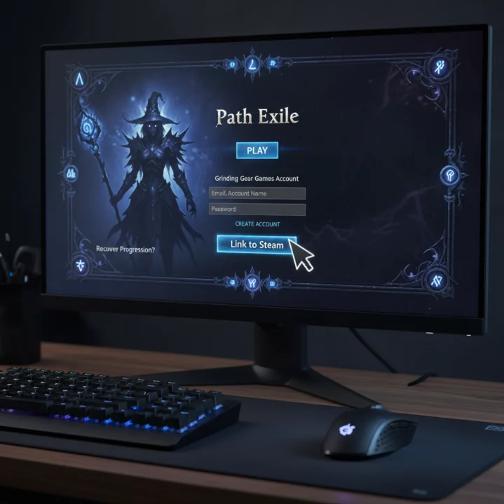 Écran de connexion Grinding Gear Games au lancement de Path of Exile sur Steam.