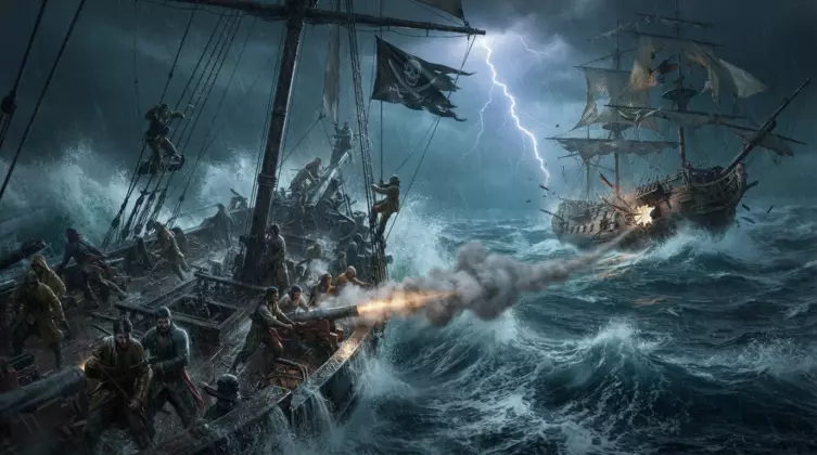 Bataille navale dans Black Flag : un navire pirate tire au canon sous la tempête.