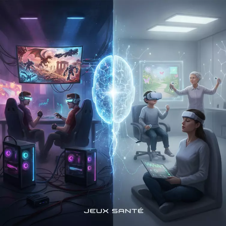 Illustration du débat sur l'impact des jeux vidéo et santé, entre divertissement et potentiel thérapeutique.