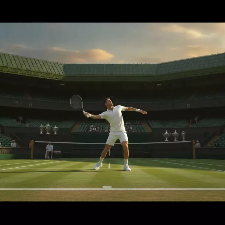 Court central inspiré de l’univers Wimbledon, entre gazon, lignes blanches et tension de grand rendez-vous.