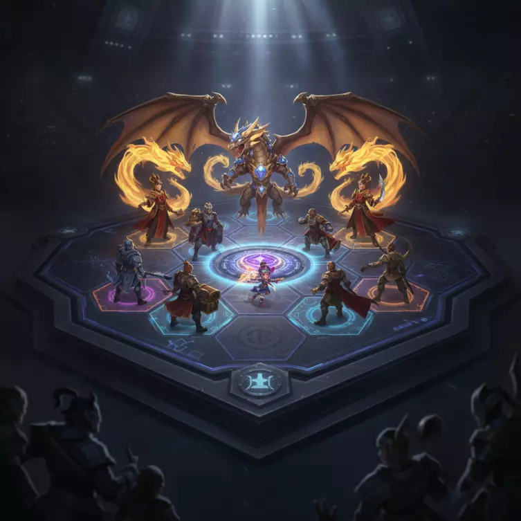 Analyse du plateau de jeu Plateau de jeu Teamfight Tactics (TFT) avec champions pour un affrontement compétitif.