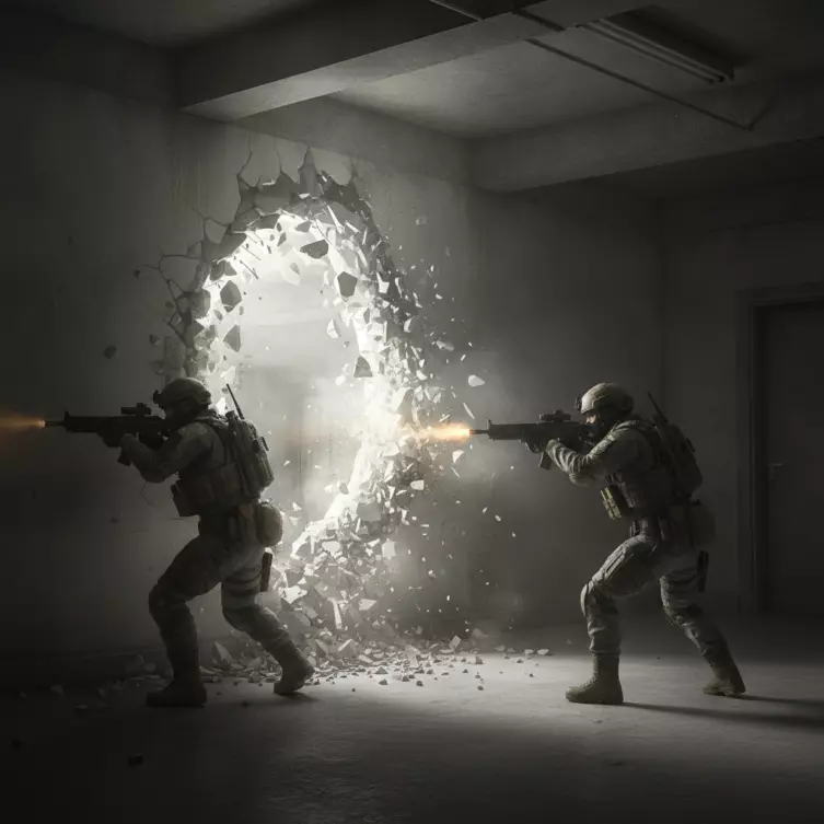 Destruction d'environnement dans Rainbow Six, ouvrant des lignes de vue.