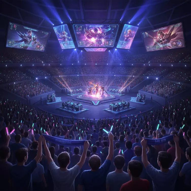 Victoire en tournoi MLBB Célébration d'une équipe victorieuse en Mobile Legends Bang Bang Esport.