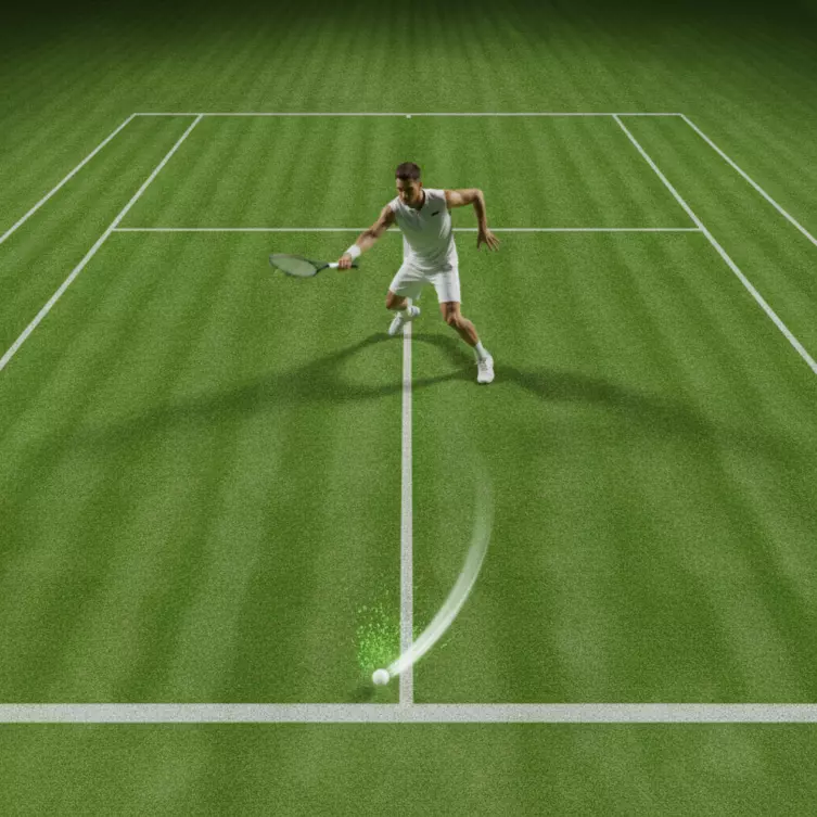 Court en gazon stylisé évoquant la rapidité et la lisibilité du tennis arcade façon Virtua Tennis.