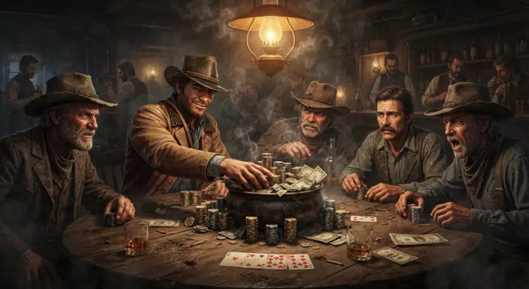 Partie de poker rdr2 à gros enjeux dans un saloon du Far West.