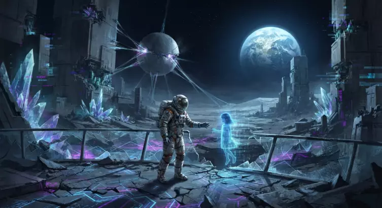 Visuel officiel de Pragmata montrant l'astronaute et la petite fille Diana sur la Lune.