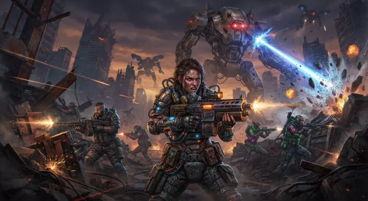 Raiders en pleine action coopérative contre des machines dans l’univers post-apocalyptique d’Arc Raiders.